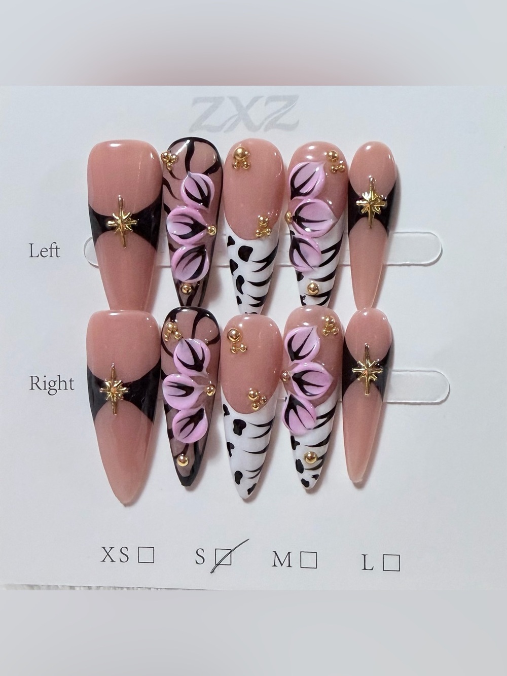 Pink & Nude Floral Stiletto Press-On Nails with Gold Accents